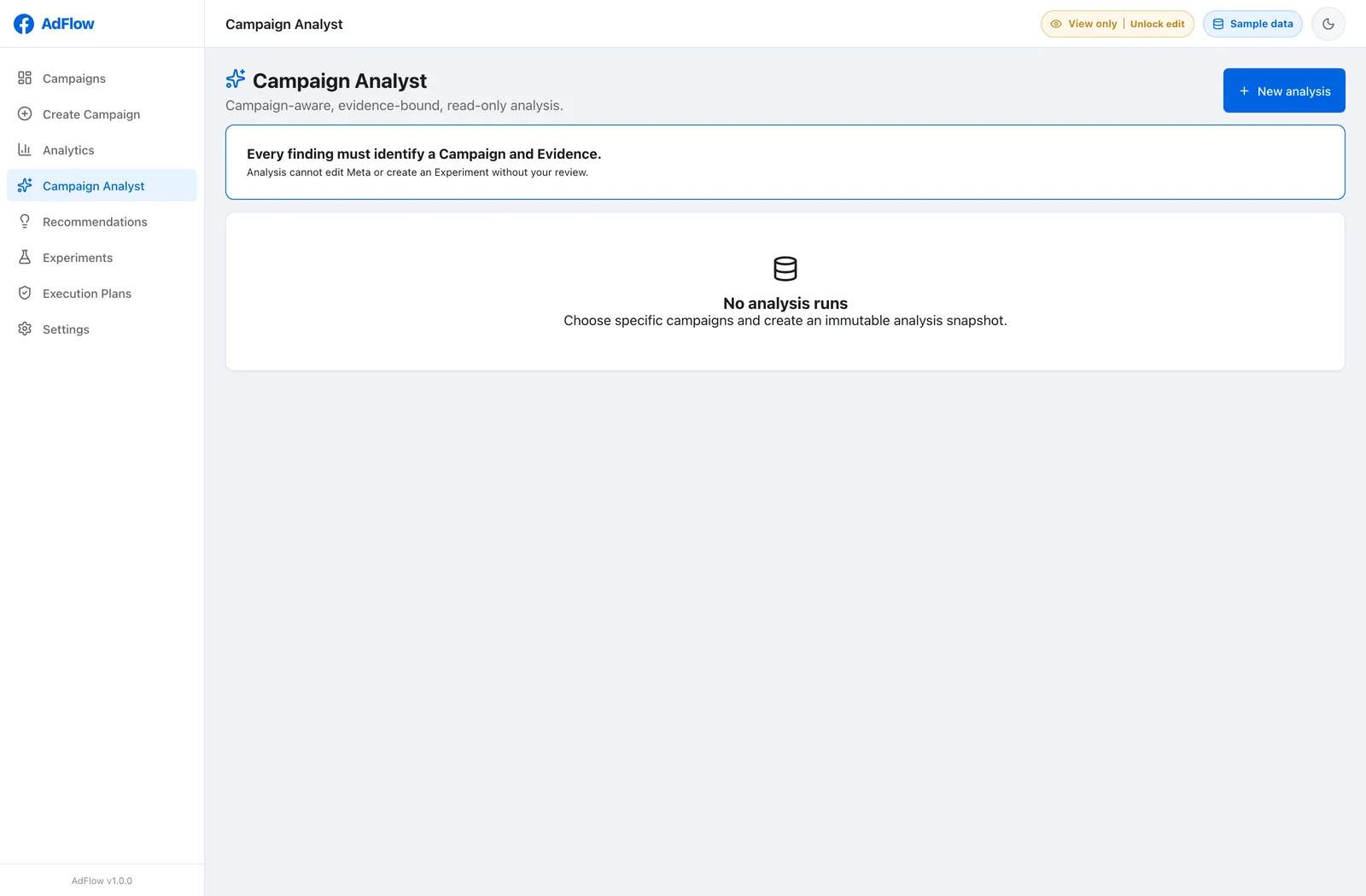 AdFlow Campaign Analyst screen stating every finding must identify a campaign and evidence