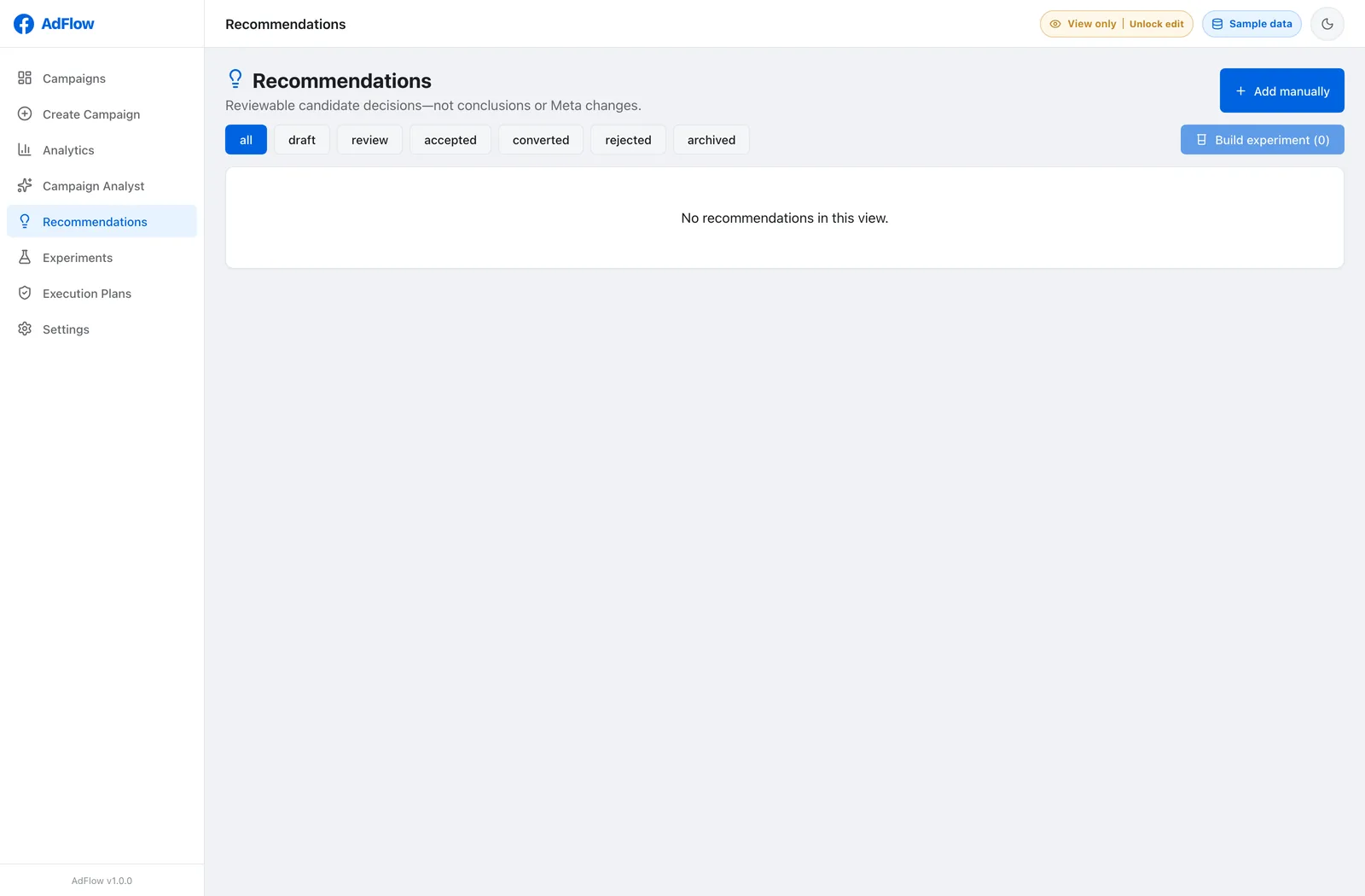 AdFlow recommendations queue with review states