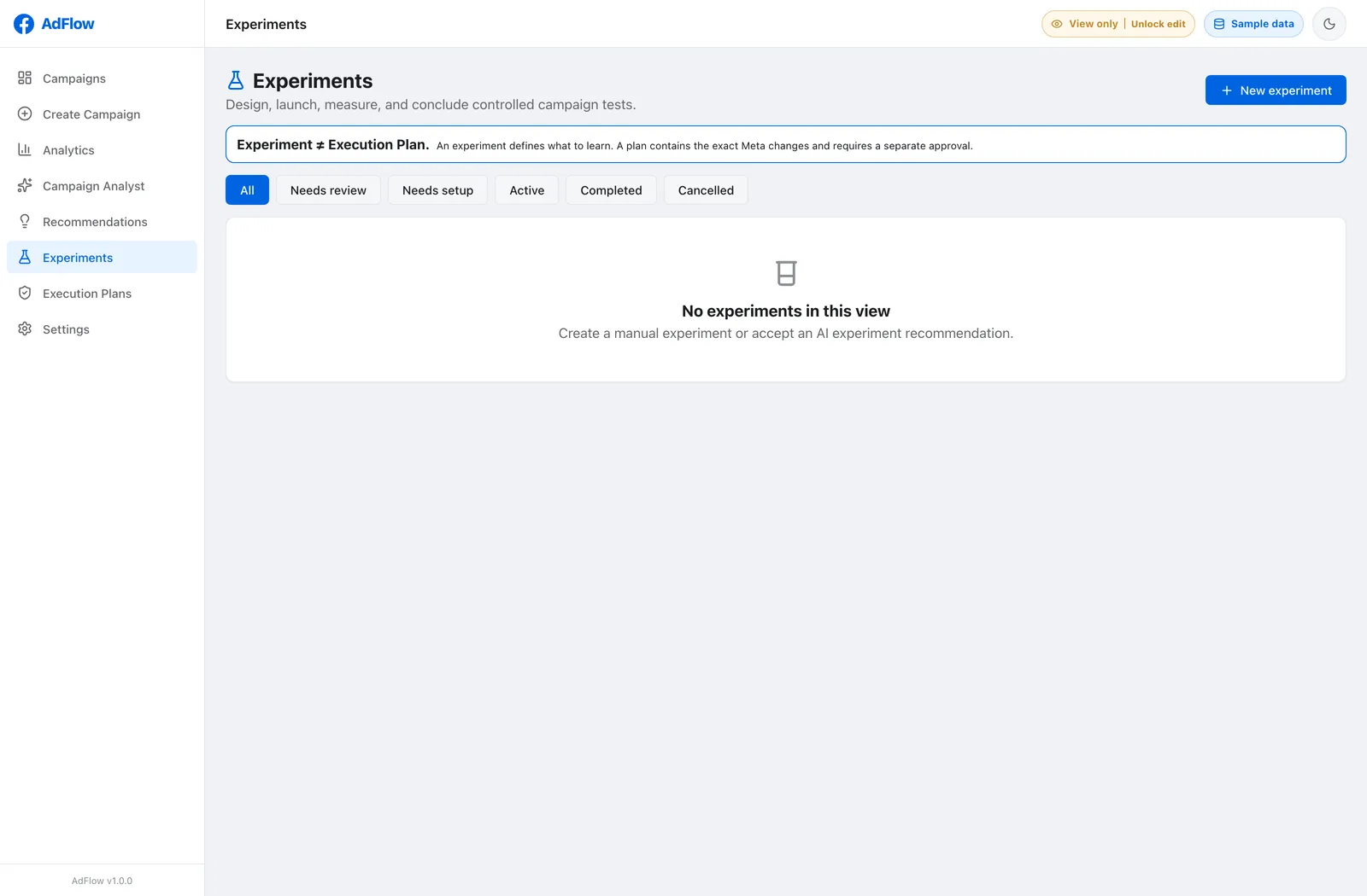 AdFlow experiments screen with control and variant cells
