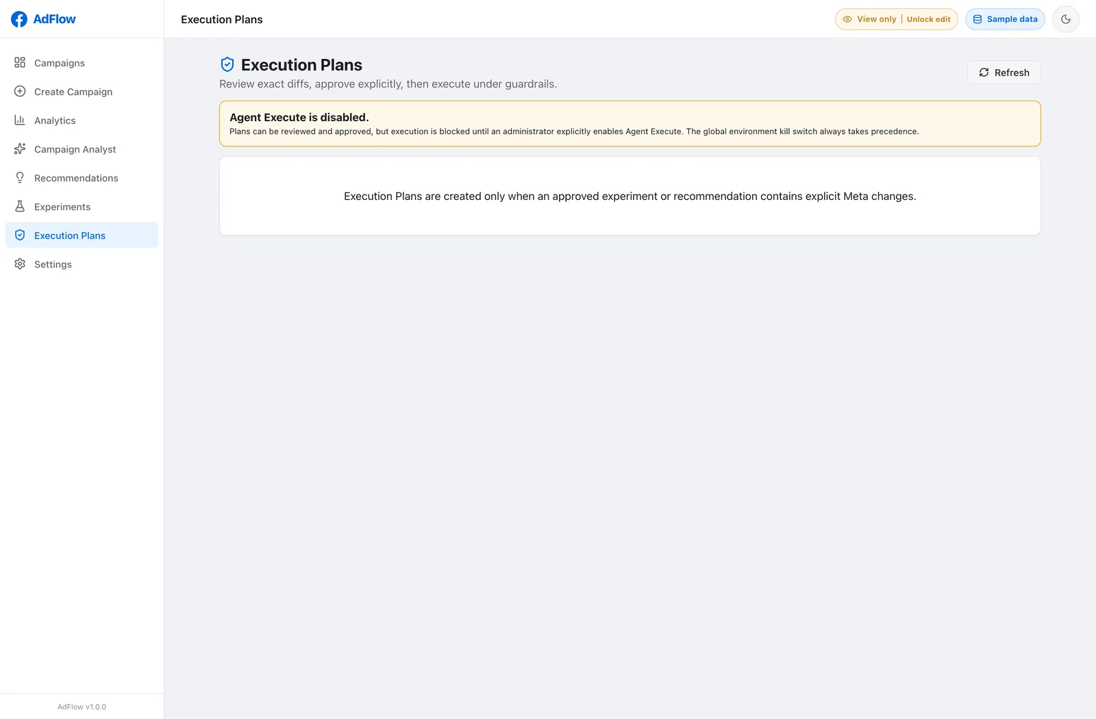 AdFlow execution plans screen