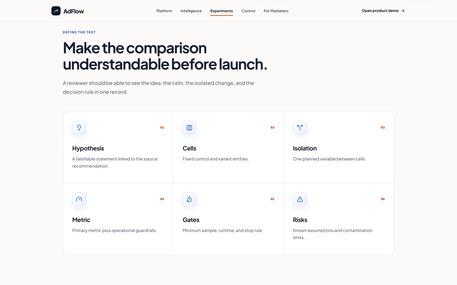 AdFlow experiments marketing page