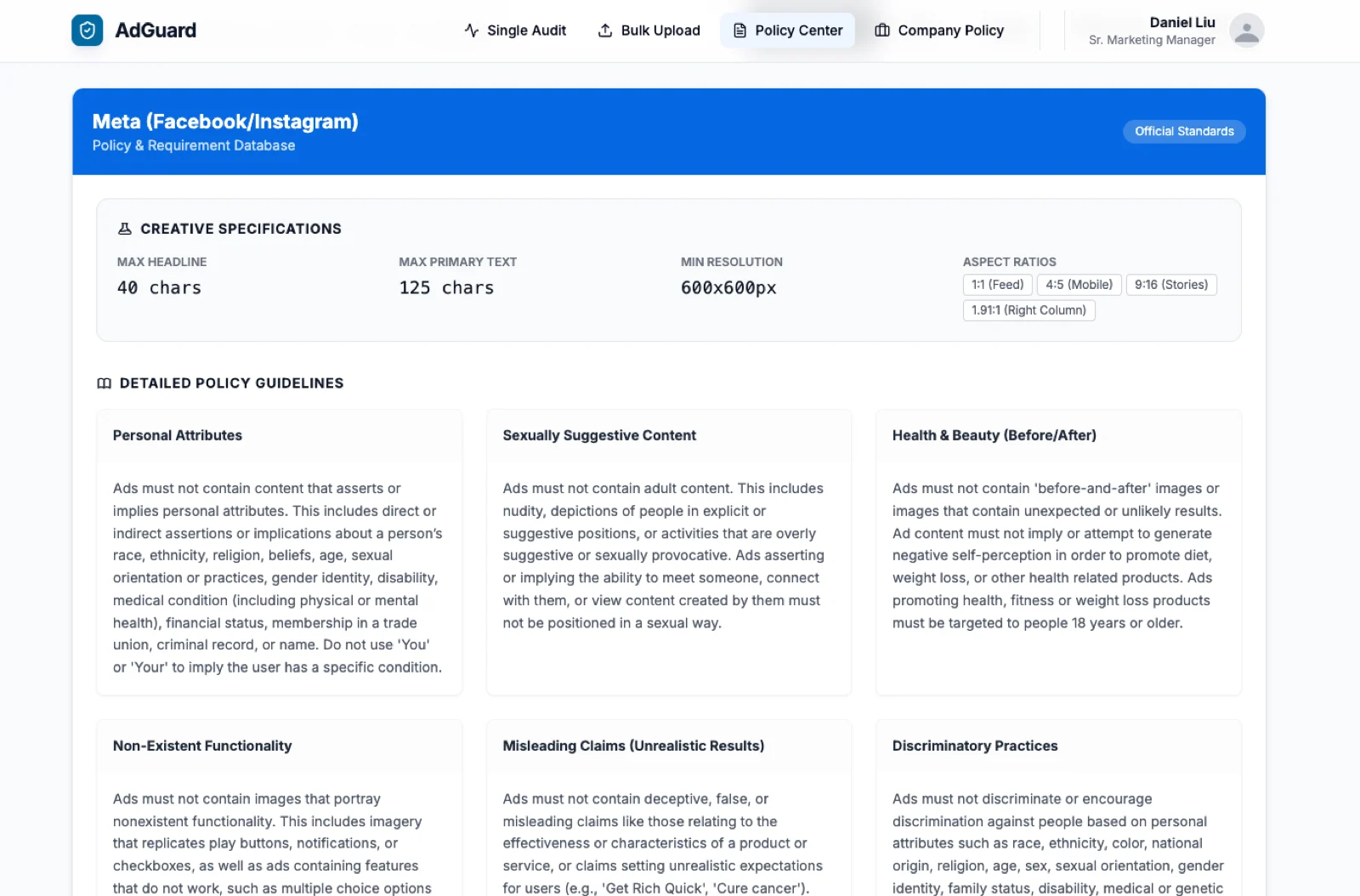 AdGuard policy center showing Meta creative specifications and detailed policy guidelines