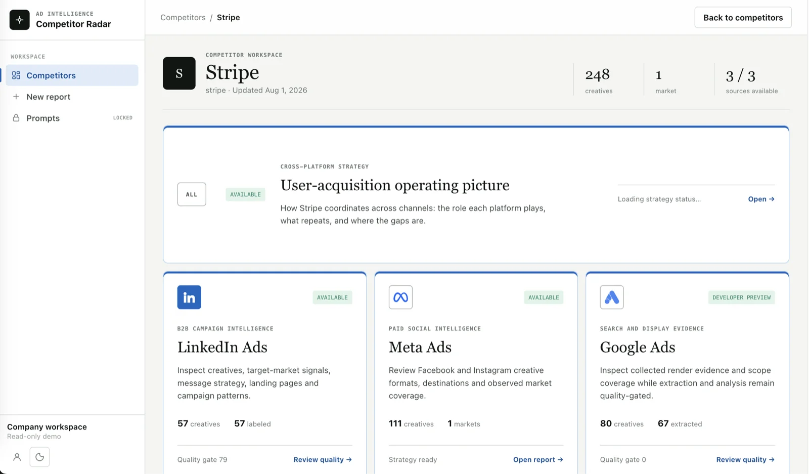 AdRadar competitor workspace for Stripe showing LinkedIn, Meta and Google ad cards with creative counts and quality gates