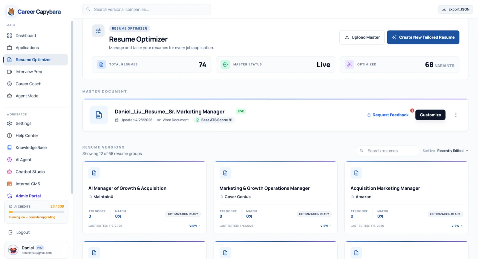 Career Capybara resume optimizer showing a master document and tailored resume variants with ATS scores