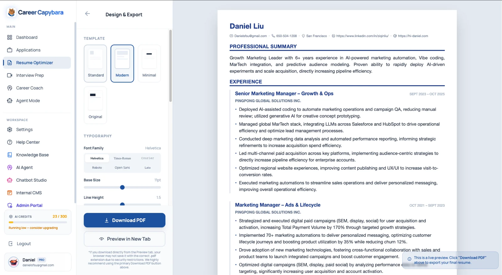 Career Capybara design and export screen with template and typography controls beside a live resume preview