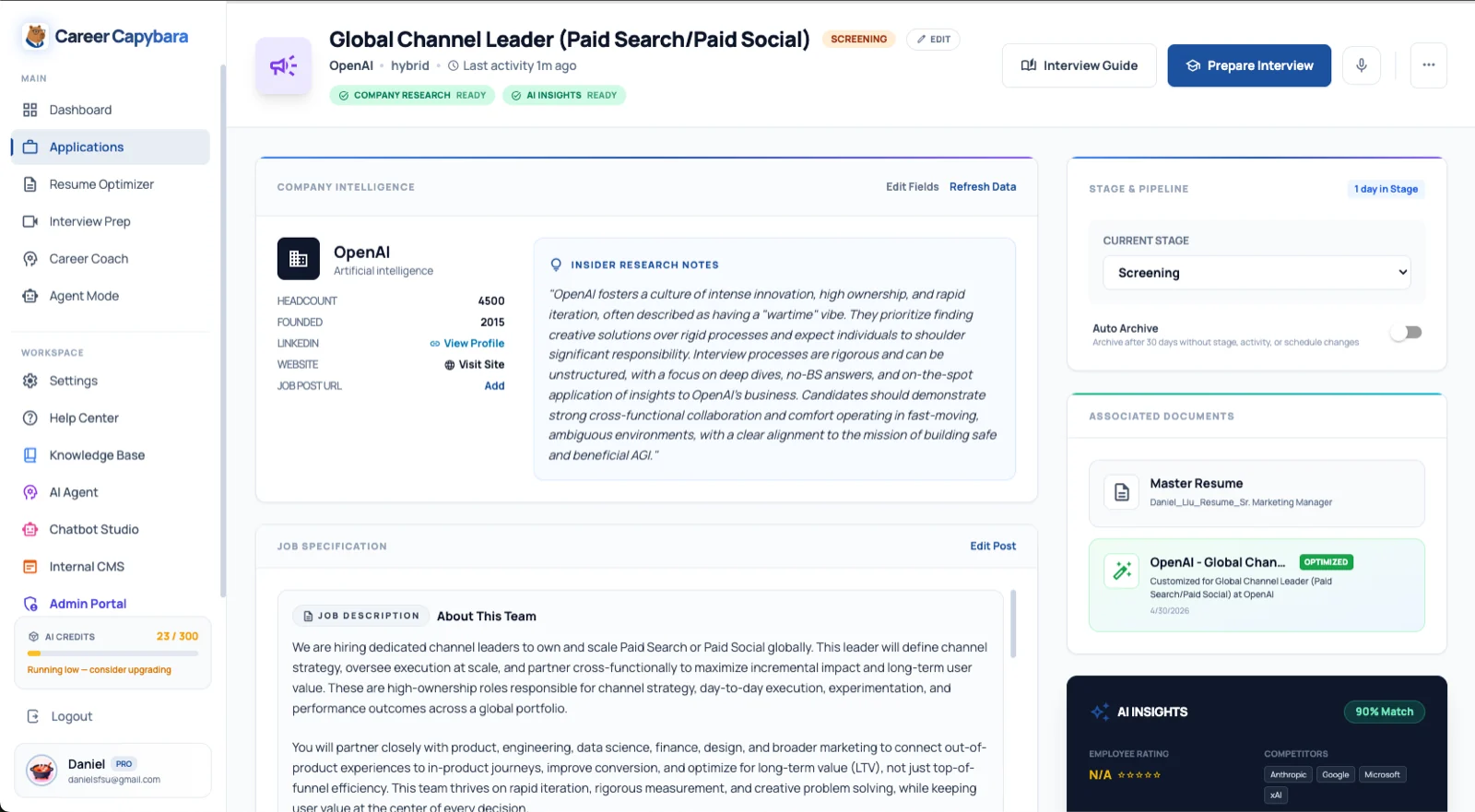 Career Capybara application record combining company intelligence, job specification, documents and fit insights