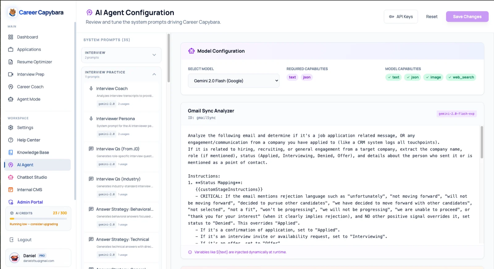 Career Capybara AI agent configuration console listing system prompts, model bindings and capabilities