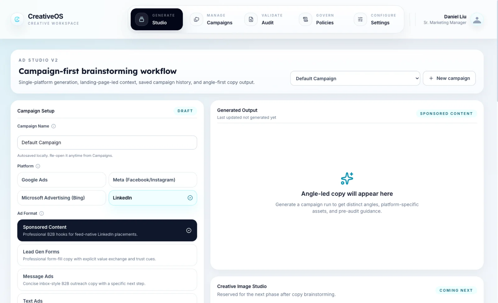CreativeOS Ad Studio with campaign setup, platform and ad-format pickers, and an angle-led output pane