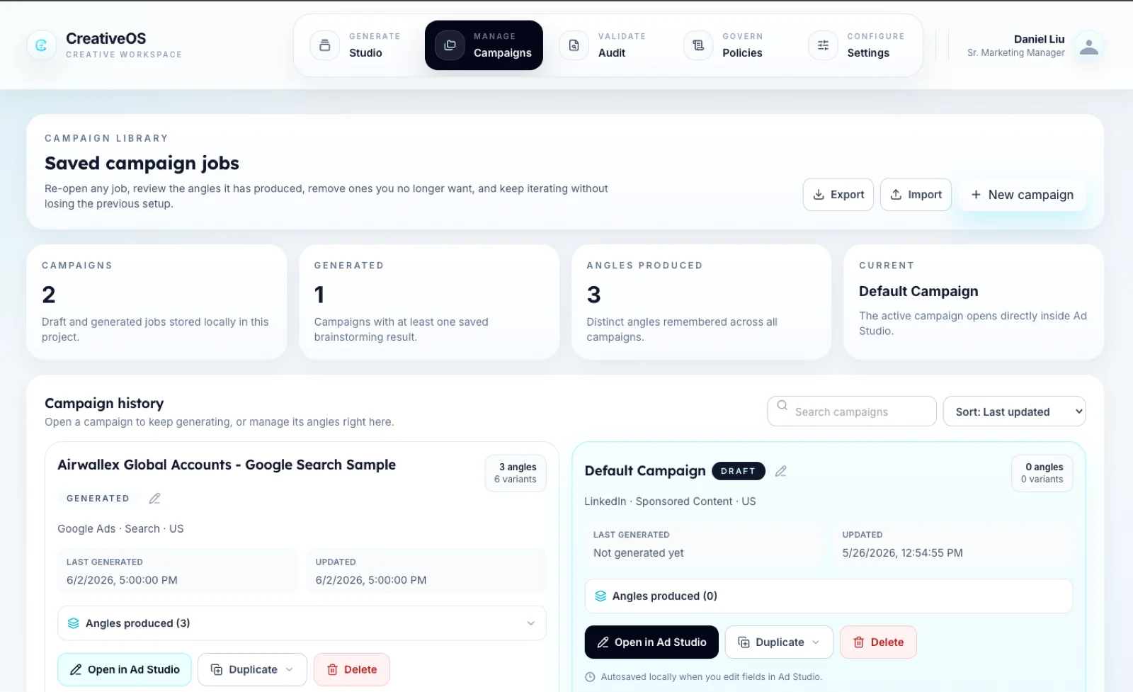CreativeOS saved campaign jobs listing angles produced and variants per campaign