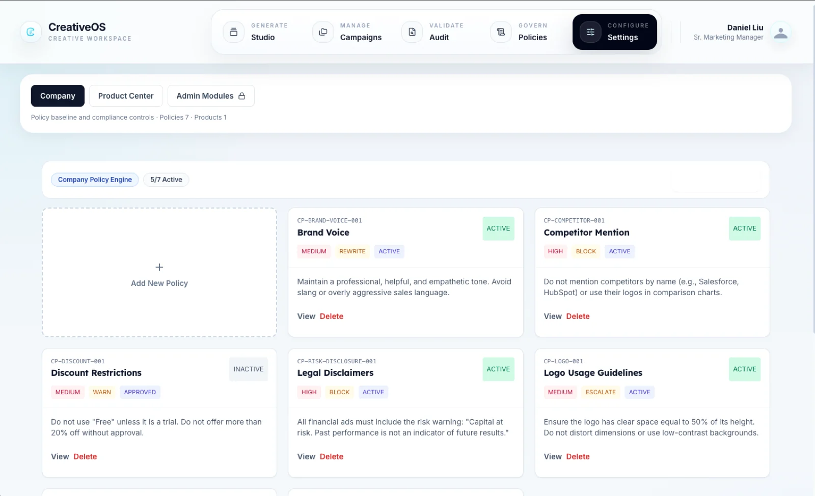 CreativeOS company policy engine with rule cards carrying IDs, severities and enforcement actions