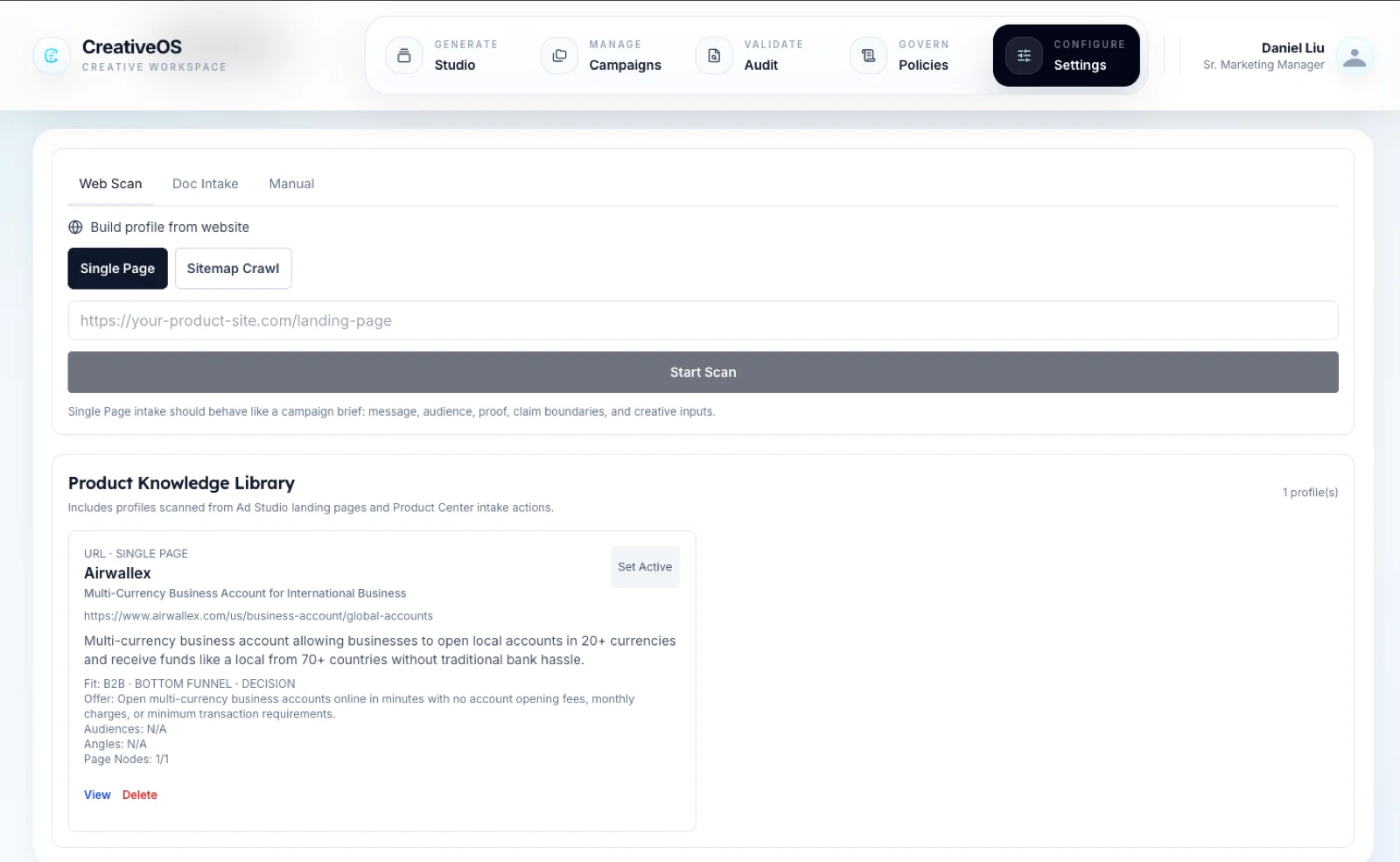 CreativeOS product knowledge library built from a web scan, showing an extracted product profile