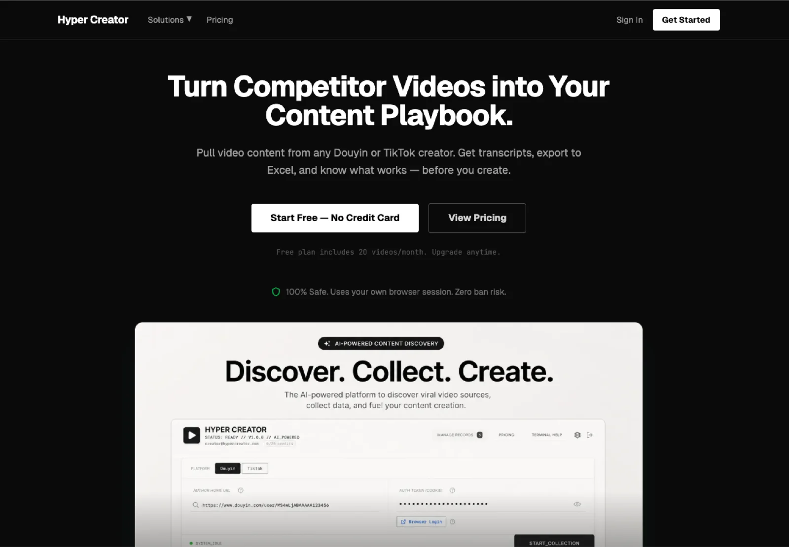 Hyper Creator landing page stating the transcript extraction promise and the own-session safety boundary