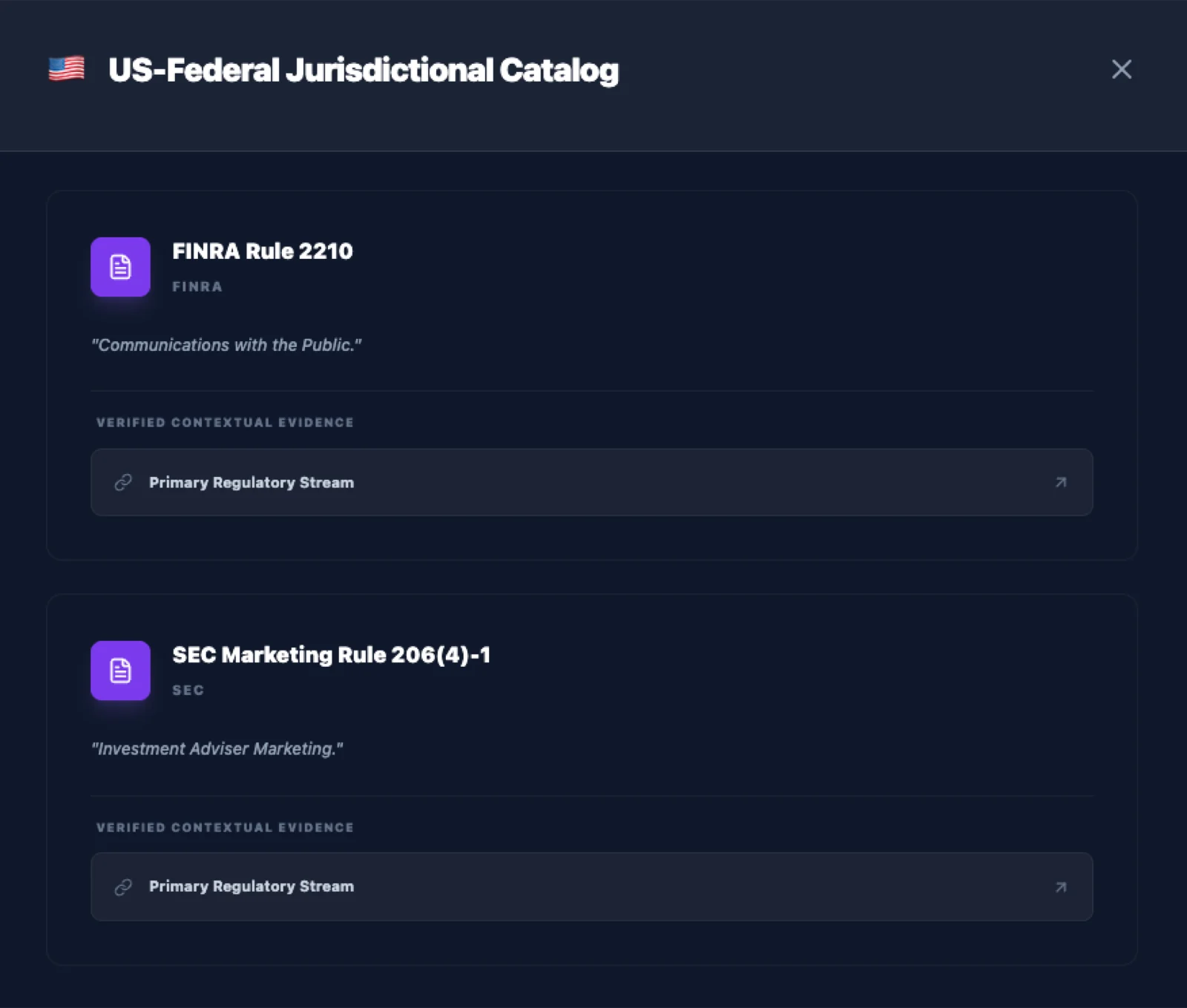 FinGuard jurisdictional catalog showing FINRA and SEC rules with links to the primary regulatory source