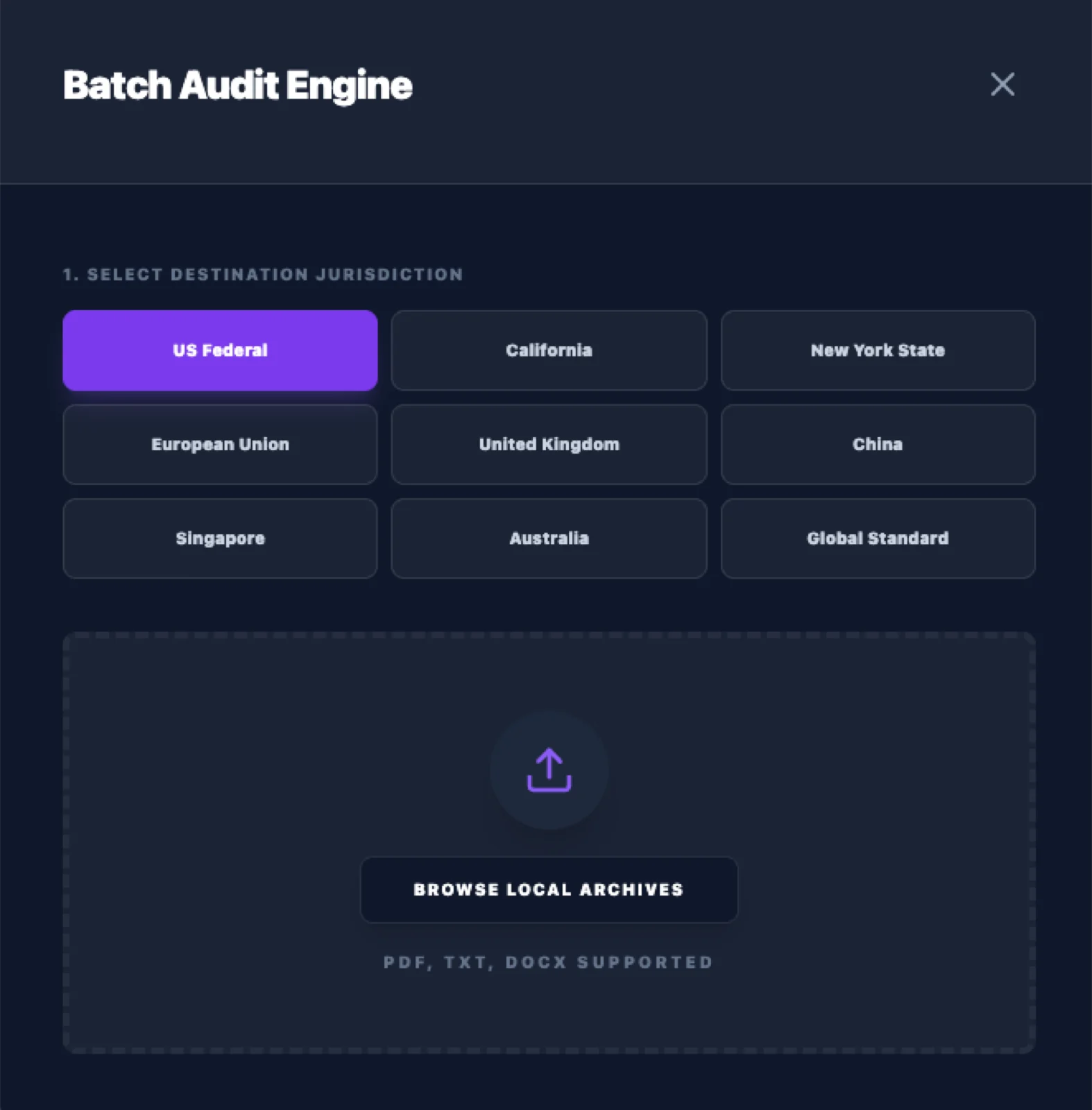 FinGuard batch audit engine with a jurisdiction picker and a document upload area