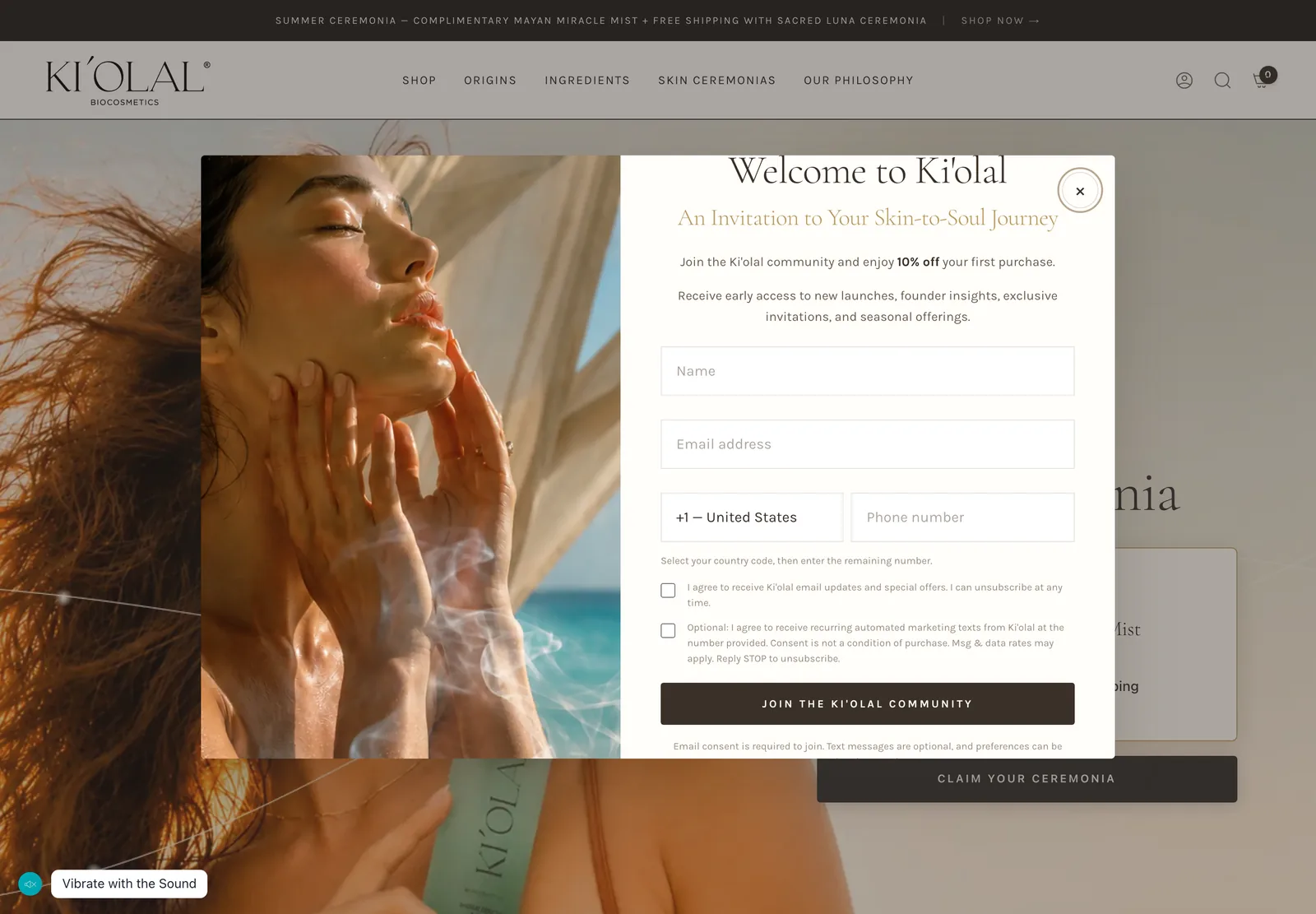 Kiolal welcome popup capturing email and SMS with explicit consent language