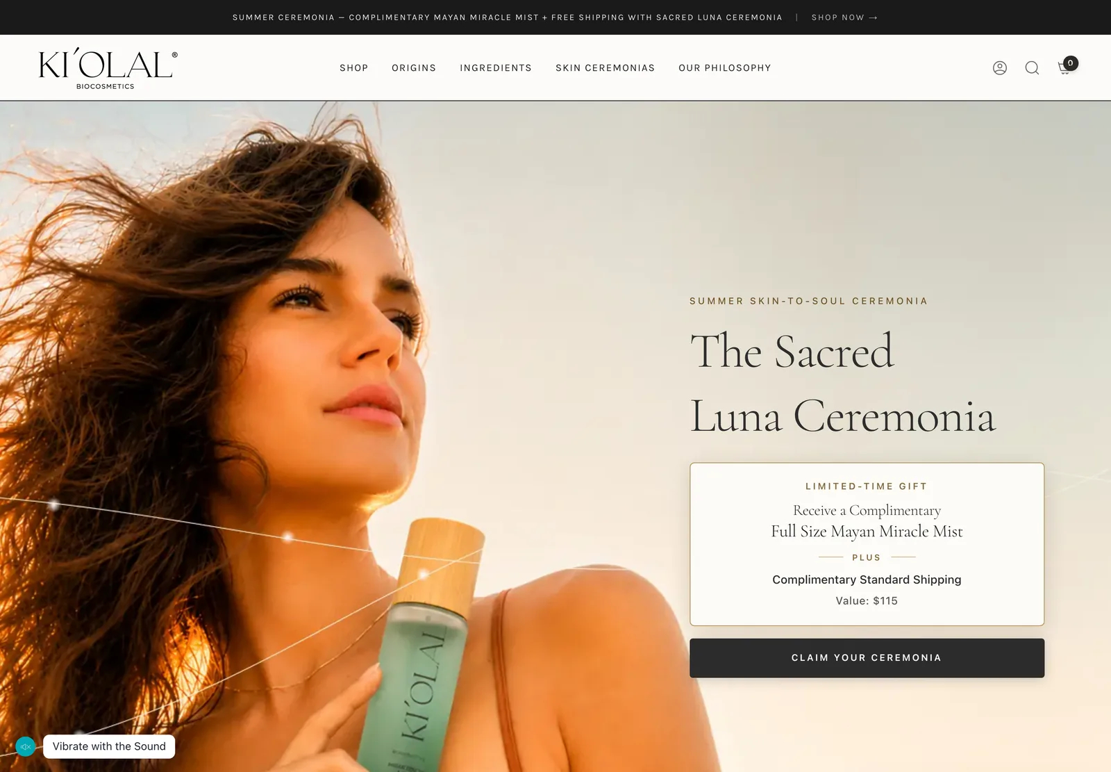 Kiolal homepage: Sacred Luna Ceremonia hero with the limited-time gift card