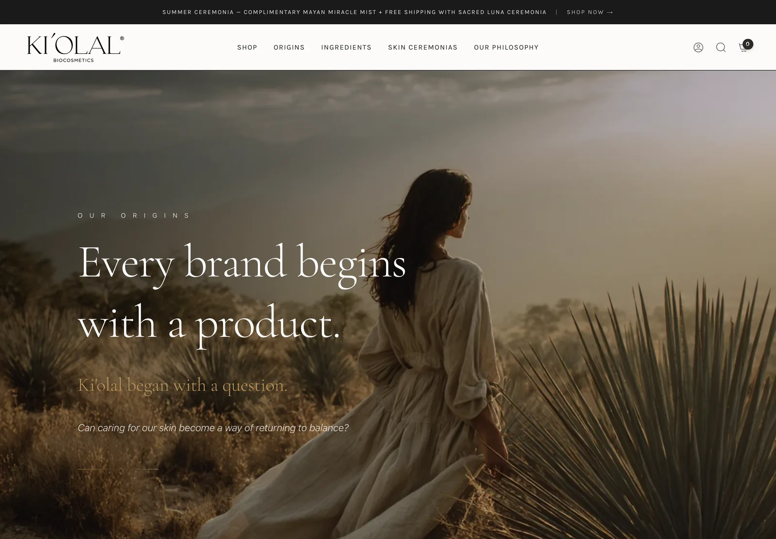 Kiolal Origins page: Every brand begins with a product, over a desert landscape