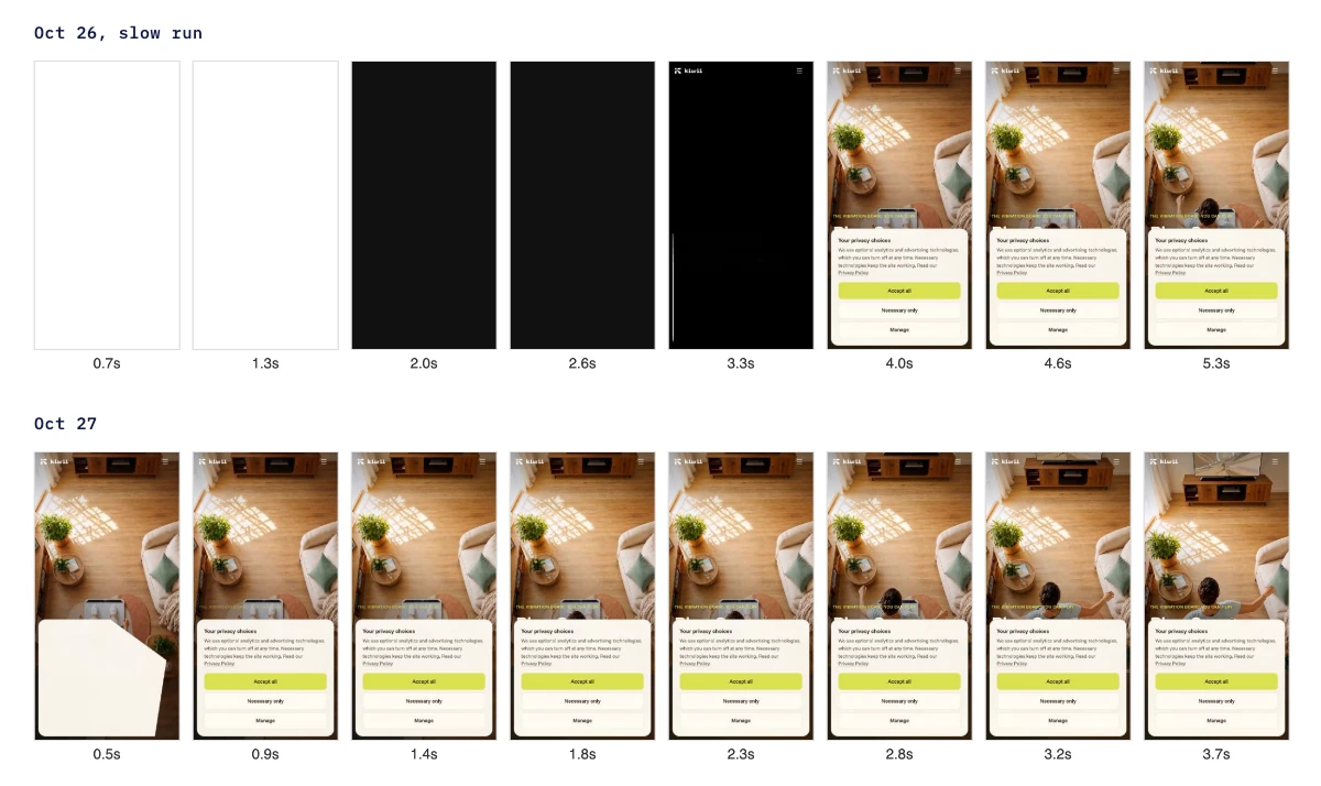Two filmstrips of the move.kiwii.ai mobile home page. Top, the Oct 26 slow run: blank white at 0.7 and 1.3 s, black from 2.0 to 3.3 s, and the first frame with content at 4.0 s. Bottom, a normal run on Oct 27: the page is on screen at 0.5 s and holds through 3.7 s.