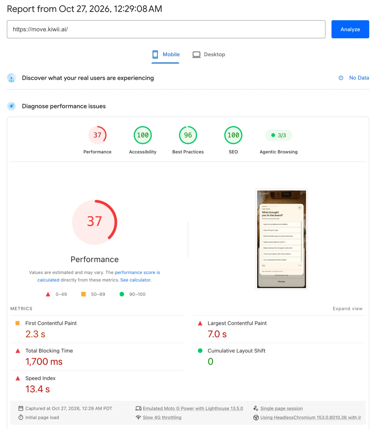 PageSpeed Insights mobile report for move.kiwii.ai, Oct 27 2026 12:29 AM: performance 37, accessibility 100, best practices 96, SEO 100; FCP 2.3 s, LCP 7.0 s, TBT 1,700 ms, CLS 0, Speed Index 13.4 s