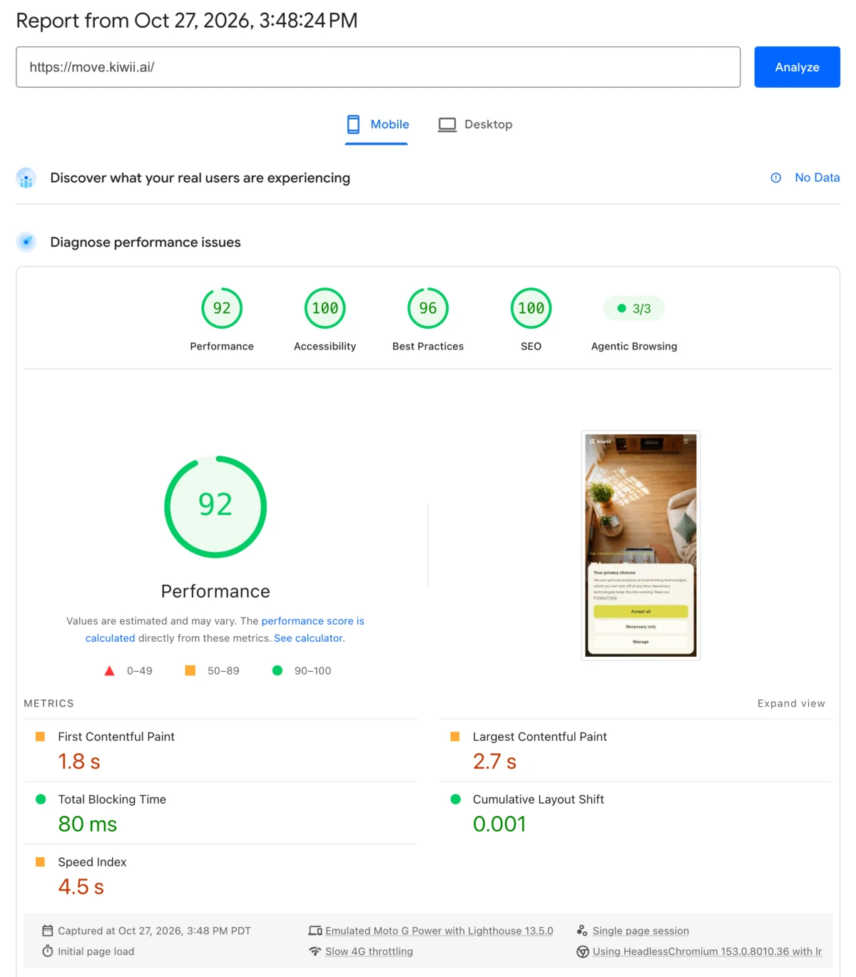 PageSpeed Insights mobile report for move.kiwii.ai, Oct 27 2026 3:48 PM: performance 92, accessibility 100, best practices 96, SEO 100; FCP 1.8 s, LCP 2.7 s, TBT 80 ms, CLS 0.001, Speed Index 4.5 s