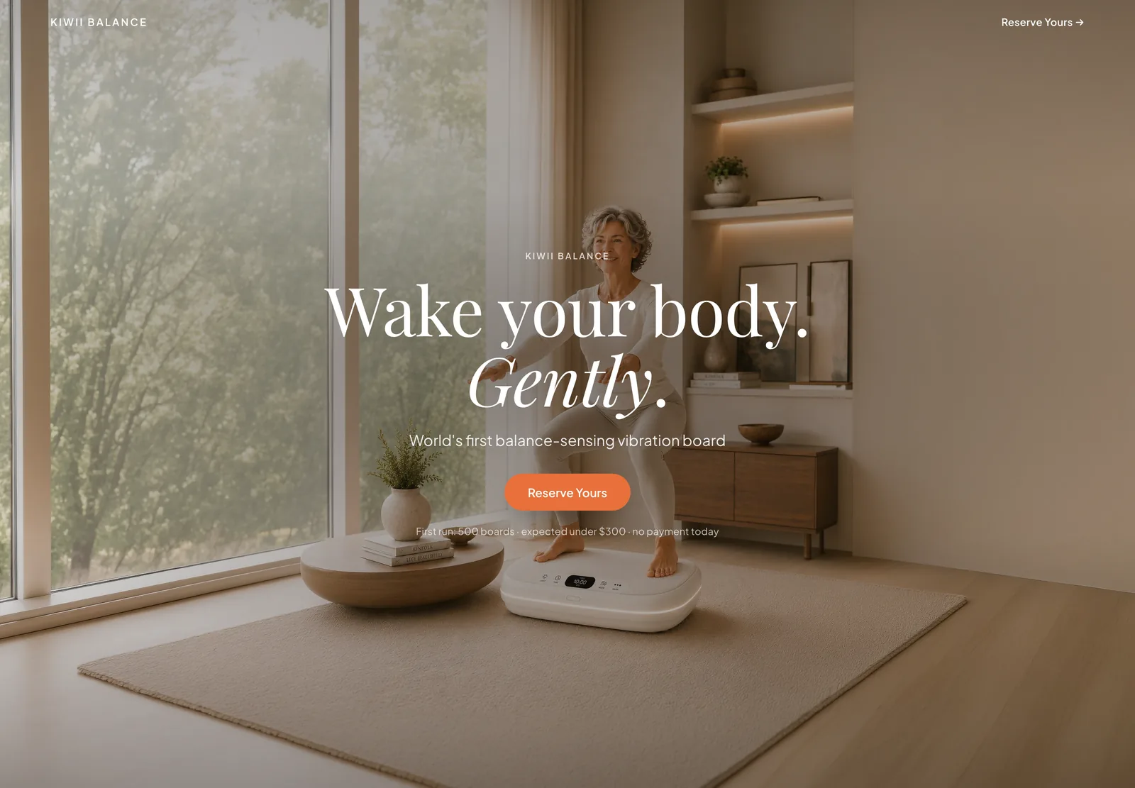 Kiwii Balance homepage: serif headline Wake your body Gently over a warm interior, woman standing on the board