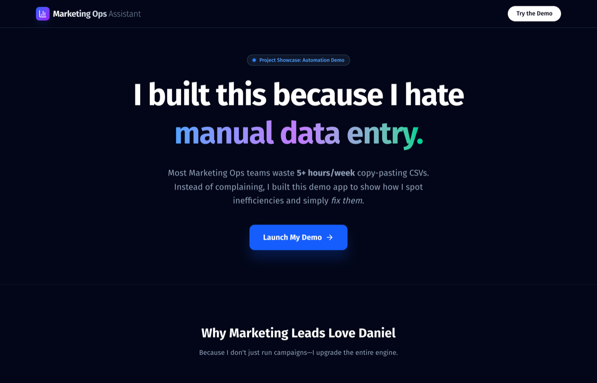 Marketing Ops Assistant landing page stating the manual-reporting problem