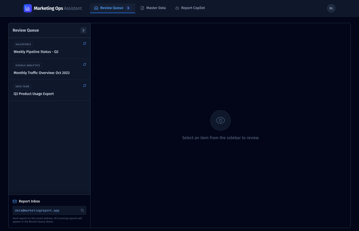 Marketing Ops review queue with source-badged reports awaiting human approval