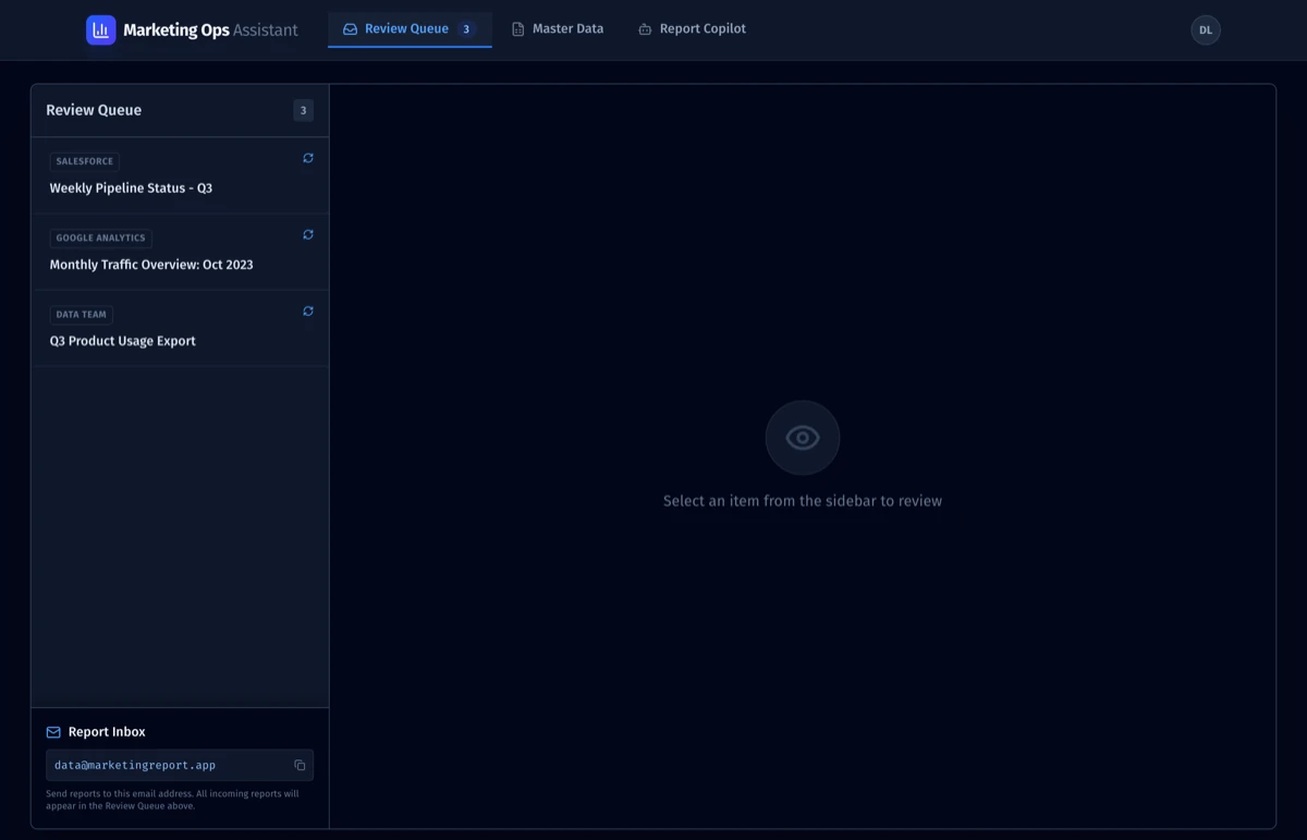 Marketing Ops review queue with source-badged reports awaiting human approval