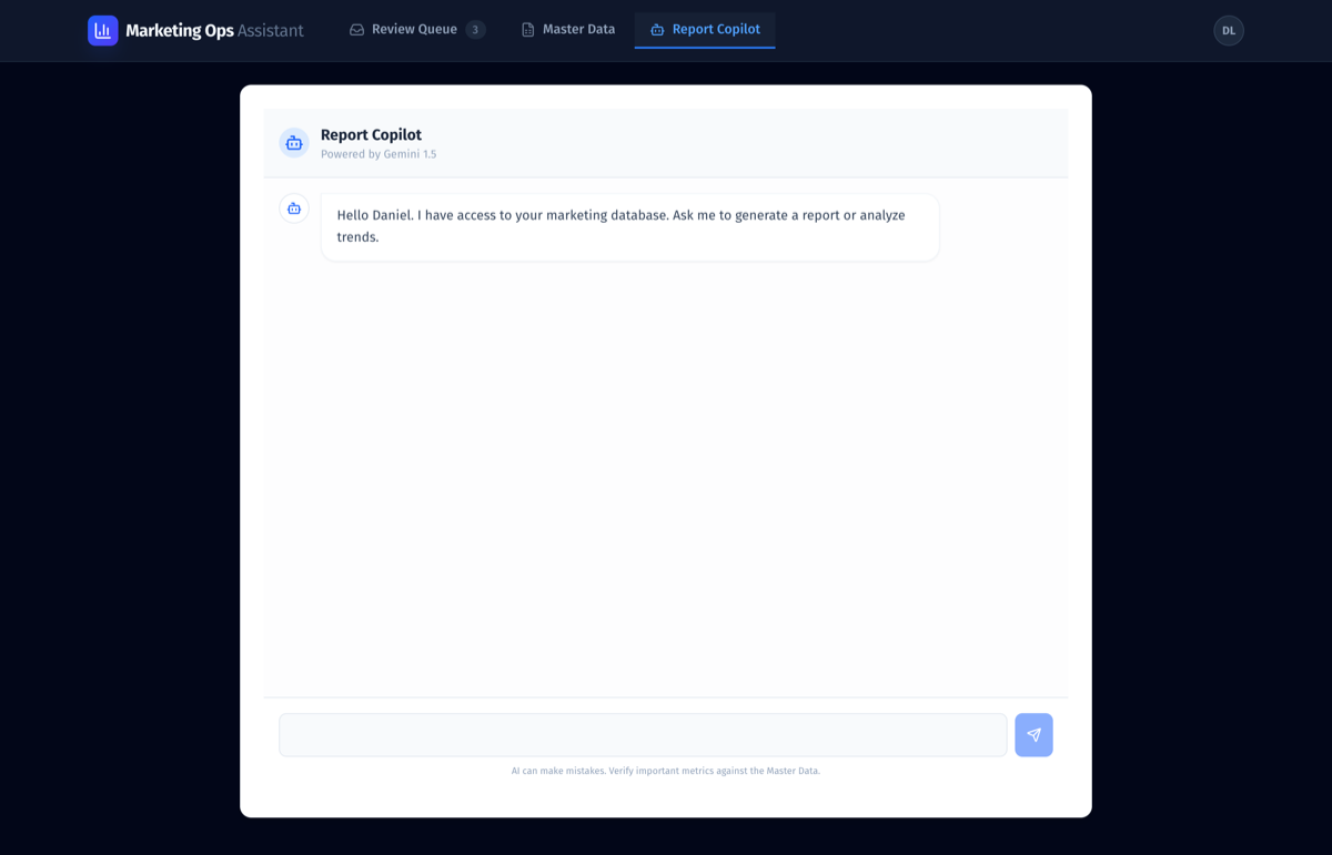 Marketing Ops report copilot answering questions from the approved data store