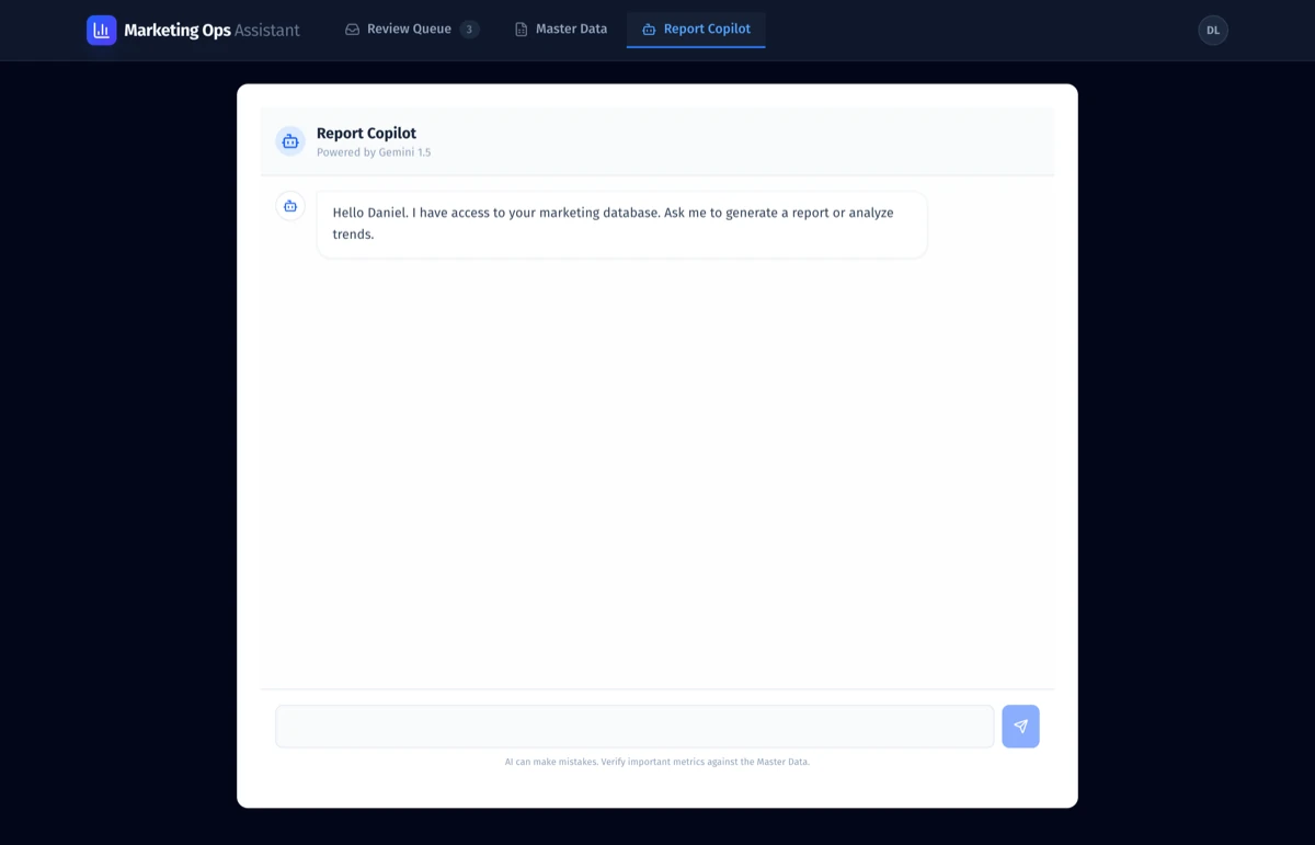 Marketing Ops report copilot answering questions from the approved data store