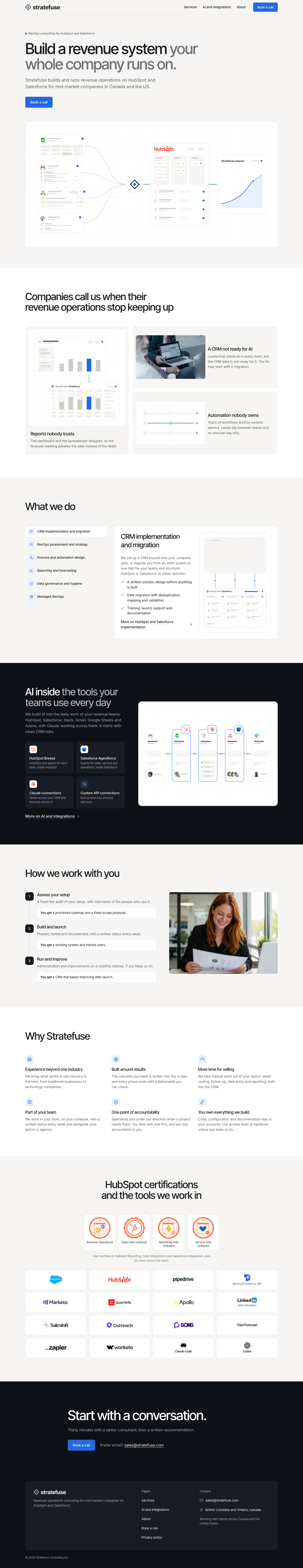 Full-page screenshot of the stratefuse.com home page on desktop, from the hero illustration down to the footer
