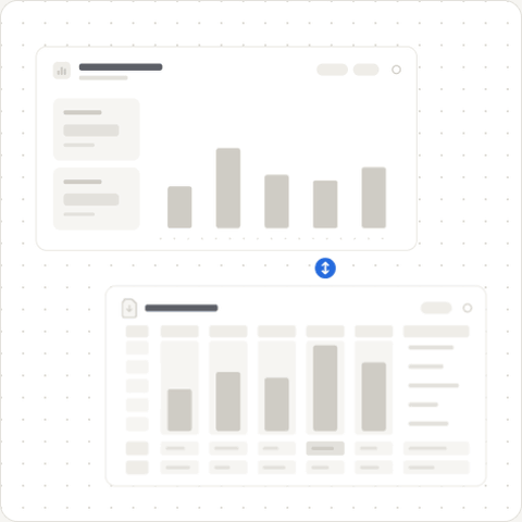 Animated illustration of a dashboard chart above a detailed report, where one highlighted bar turns blue and links to the matching column in the report below