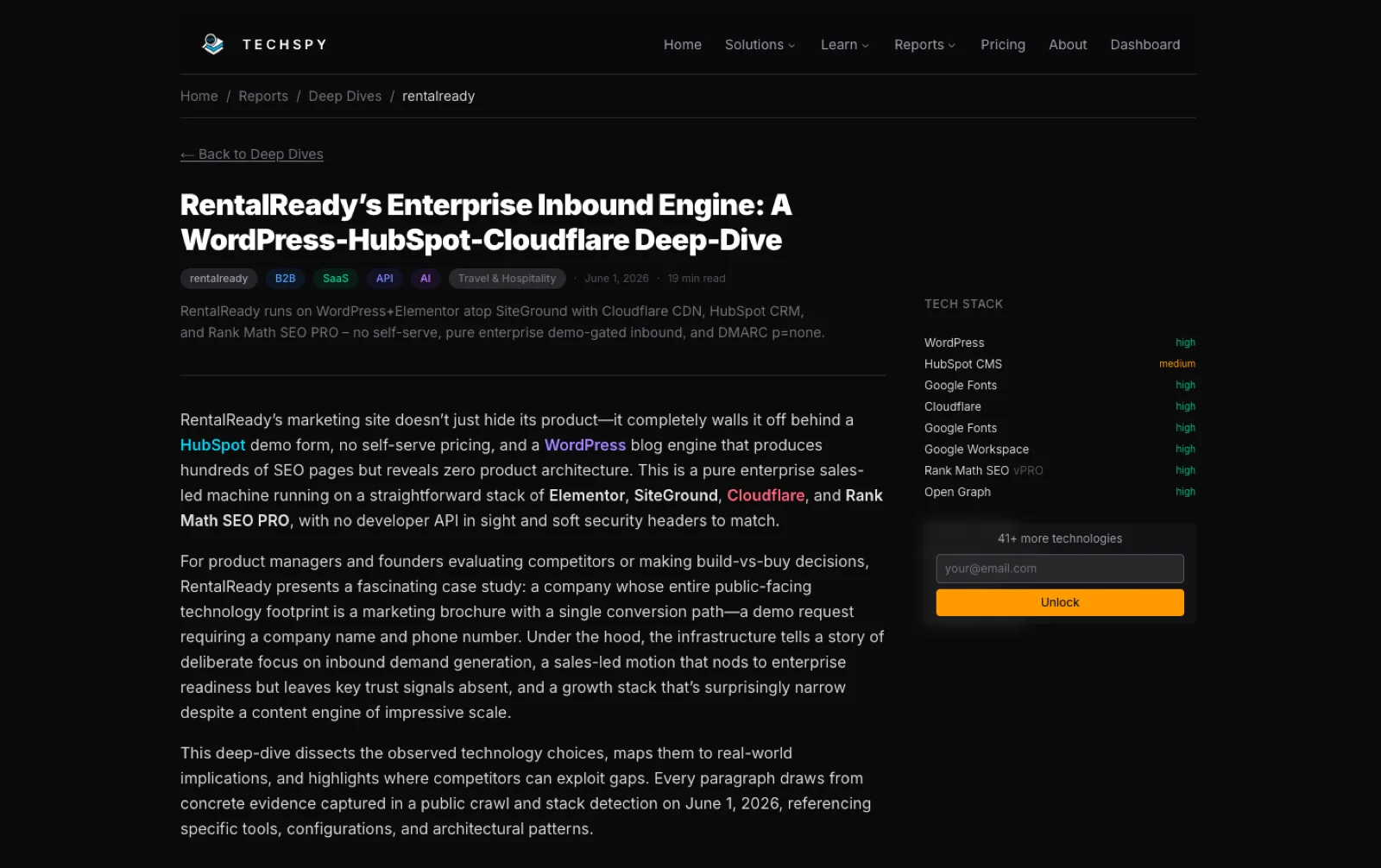 TechSpy company report on RentalReady with a per-technology confidence panel and a written strategy read