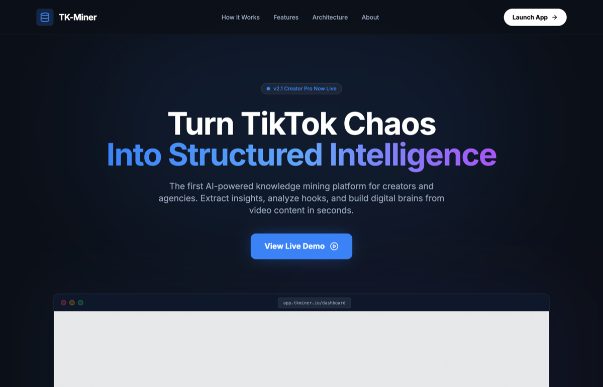 TK-Miner landing page stating the knowledge-mining thesis