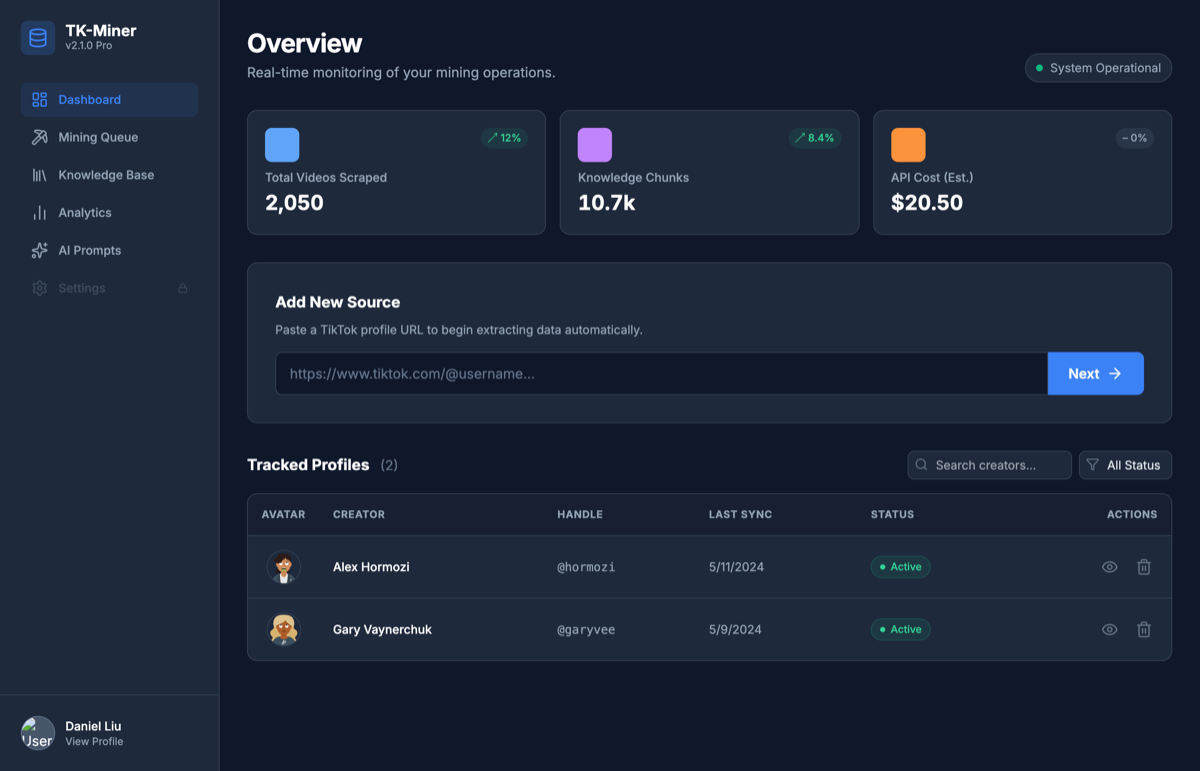 TK-Miner dashboard showing videos scraped, knowledge chunks and estimated API cost