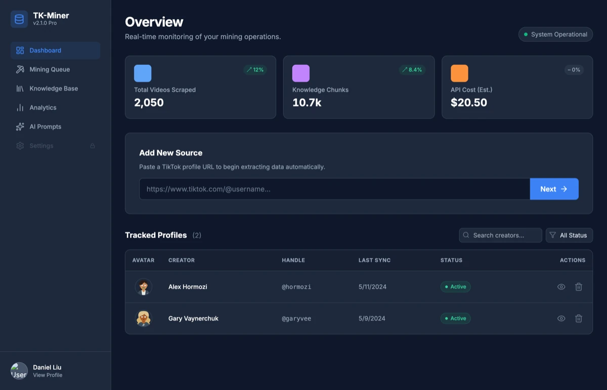 TK-Miner dashboard showing videos scraped, knowledge chunks and estimated API cost