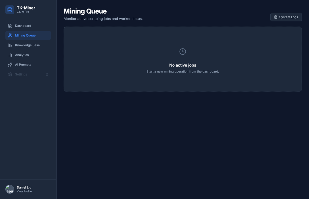 TK-Miner mining queue with batch scrape jobs, worker status and system logs