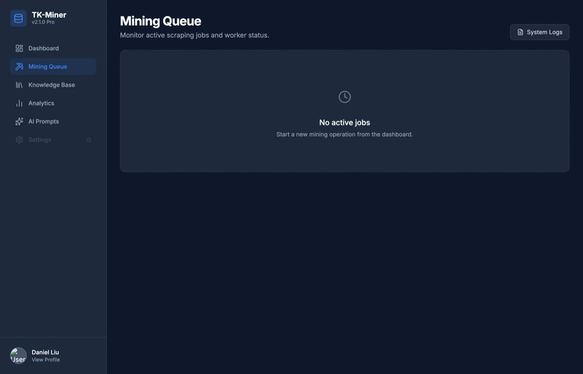 TK-Miner mining queue with batch scrape jobs, worker status and system logs